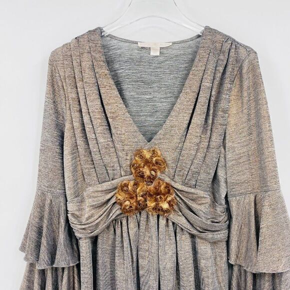 Boston Proper Size Medium Silver Metallic V Neck Tiered Sleeve Blouse Top - Picture 2 of 9